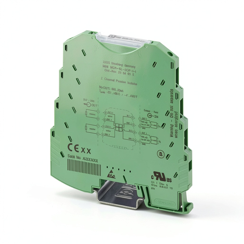 Mini loop‑powered isolator installed on a DIN rail in an industrial control panel